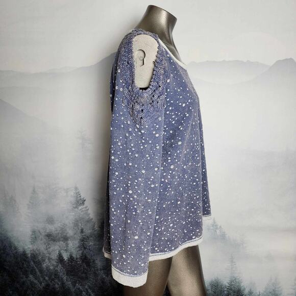 Oddi Distressed Cold-Shoulder Scoop Neck Blue Lace Sweater | Women's Large - Picture 4 of 11